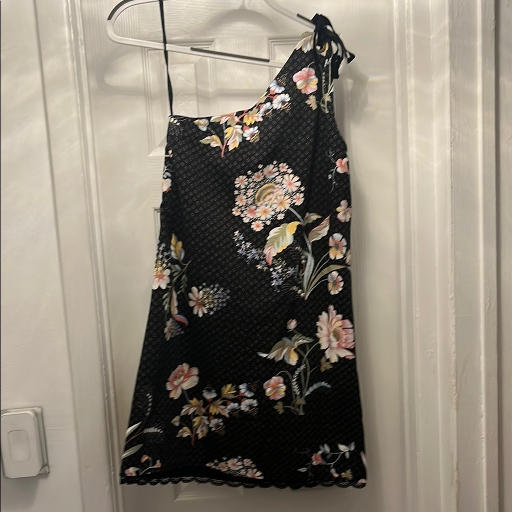 Anthropologie Floral Black One-Shoulder Dress with shoulder ribbon - Picture 4 of 5